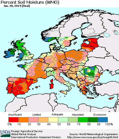 Europe Percent Soil Moisture (WMO) Thematic Map For 6/24/2019 - 6/30/2019