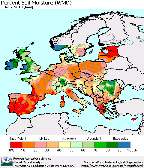 Europe Percent Soil Moisture (WMO) Thematic Map For 7/1/2019 - 7/7/2019
