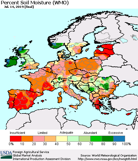 Europe Percent Soil Moisture (WMO) Thematic Map For 7/8/2019 - 7/14/2019