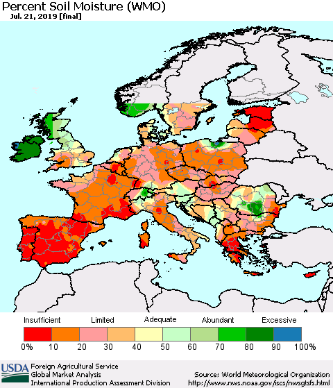 Europe Percent Soil Moisture (WMO) Thematic Map For 7/15/2019 - 7/21/2019