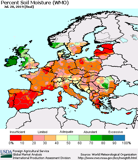 Europe Percent Soil Moisture (WMO) Thematic Map For 7/22/2019 - 7/28/2019
