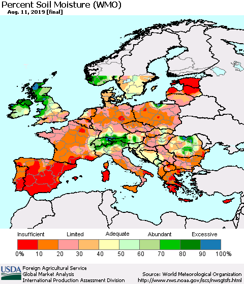 Europe Percent Soil Moisture (WMO) Thematic Map For 8/5/2019 - 8/11/2019