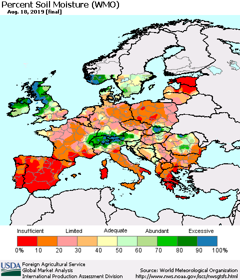 Europe Percent Soil Moisture (WMO) Thematic Map For 8/12/2019 - 8/18/2019