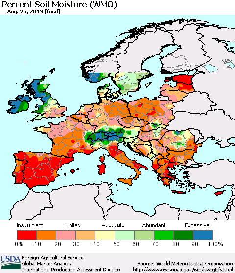 Europe Percent Soil Moisture (WMO) Thematic Map For 8/19/2019 - 8/25/2019