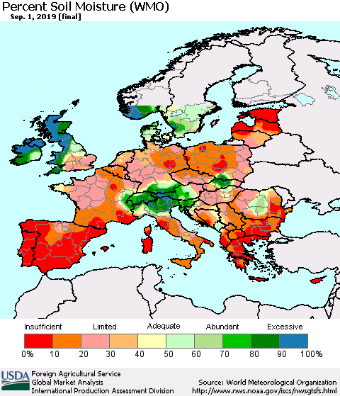 Europe Percent Soil Moisture (WMO) Thematic Map For 8/26/2019 - 9/1/2019