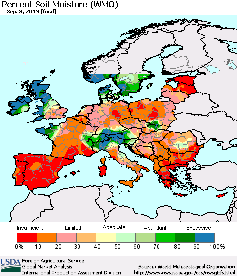 Europe Percent Soil Moisture (WMO) Thematic Map For 9/2/2019 - 9/8/2019