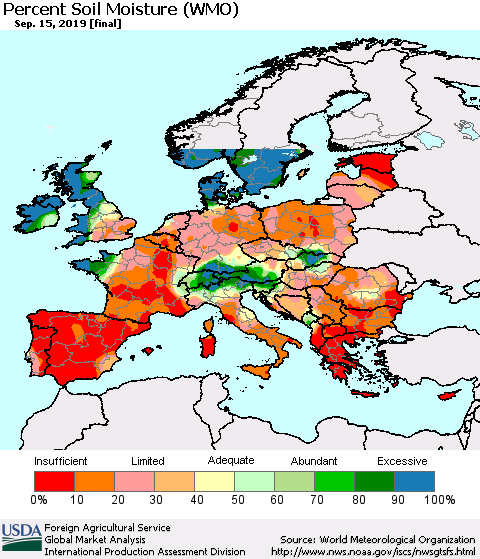 Europe Percent Soil Moisture (WMO) Thematic Map For 9/9/2019 - 9/15/2019