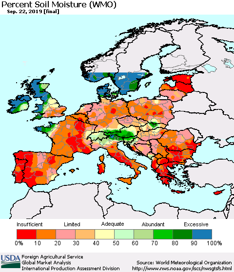 Europe Percent Soil Moisture (WMO) Thematic Map For 9/16/2019 - 9/22/2019