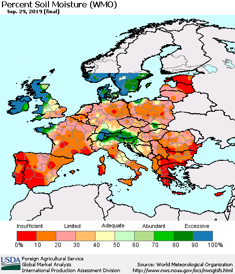 Europe Percent Soil Moisture (WMO) Thematic Map For 9/23/2019 - 9/29/2019