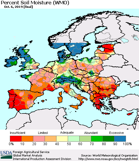 Europe Percent Soil Moisture (WMO) Thematic Map For 9/30/2019 - 10/6/2019