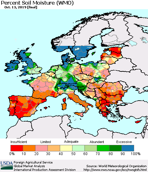 Europe Percent Soil Moisture (WMO) Thematic Map For 10/7/2019 - 10/13/2019