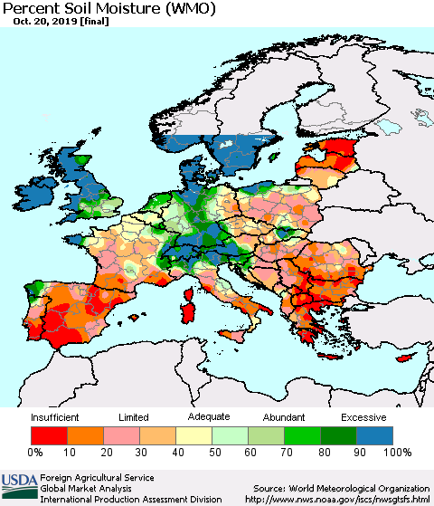 Europe Percent Soil Moisture (WMO) Thematic Map For 10/14/2019 - 10/20/2019