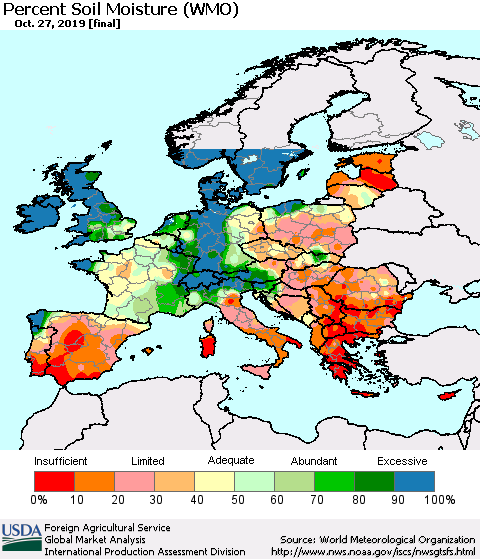 Europe Percent Soil Moisture (WMO) Thematic Map For 10/21/2019 - 10/27/2019