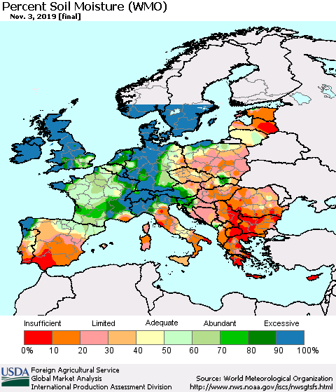 Europe Percent Soil Moisture (WMO) Thematic Map For 10/28/2019 - 11/3/2019