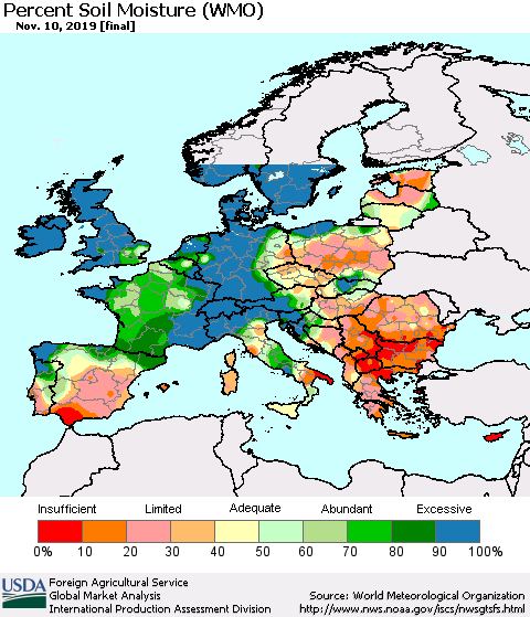 Europe Percent Soil Moisture (WMO) Thematic Map For 11/4/2019 - 11/10/2019