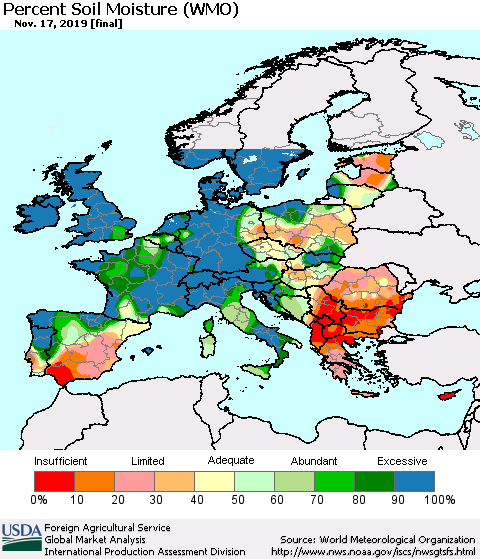 Europe Percent Soil Moisture (WMO) Thematic Map For 11/11/2019 - 11/17/2019