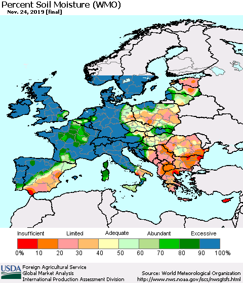 Europe Percent Soil Moisture (WMO) Thematic Map For 11/18/2019 - 11/24/2019