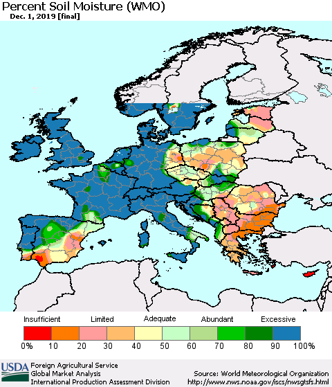 Europe Percent Soil Moisture (WMO) Thematic Map For 11/25/2019 - 12/1/2019