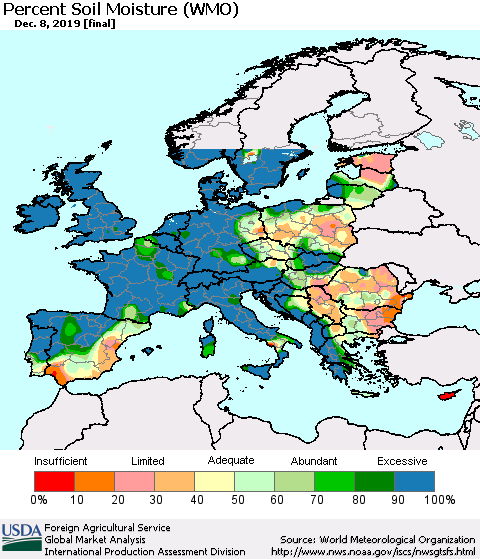 Europe Percent Soil Moisture (WMO) Thematic Map For 12/2/2019 - 12/8/2019