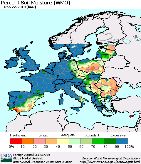 Europe Percent Soil Moisture (WMO) Thematic Map For 12/16/2019 - 12/22/2019