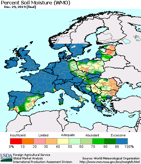 Europe Percent Soil Moisture (WMO) Thematic Map For 12/23/2019 - 12/29/2019