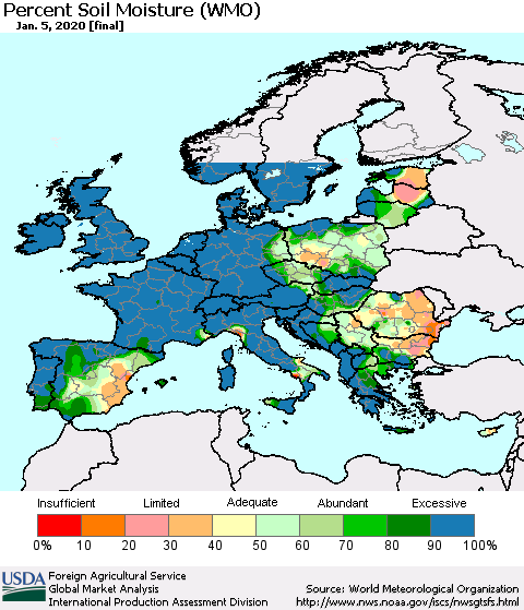 Europe Percent Soil Moisture (WMO) Thematic Map For 12/30/2019 - 1/5/2020