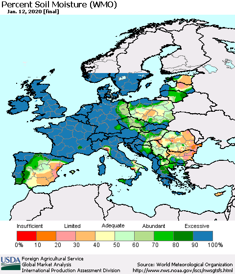 Europe Percent Soil Moisture (WMO) Thematic Map For 1/6/2020 - 1/12/2020