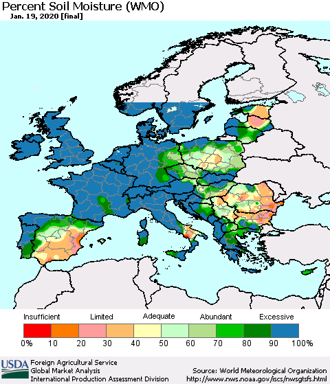 Europe Percent Soil Moisture (WMO) Thematic Map For 1/13/2020 - 1/19/2020
