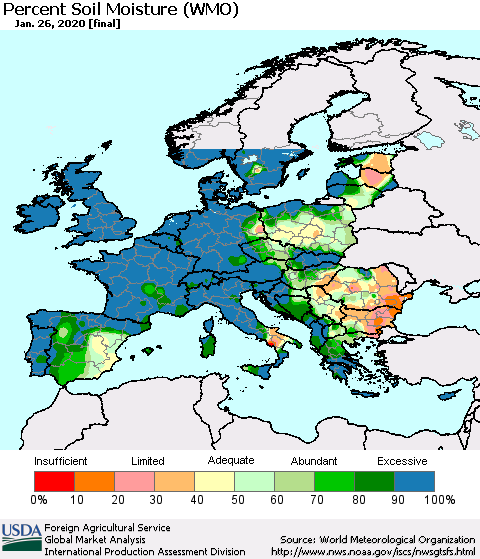 Europe Percent Soil Moisture (WMO) Thematic Map For 1/20/2020 - 1/26/2020