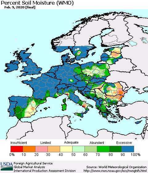 Europe Percent Soil Moisture (WMO) Thematic Map For 2/3/2020 - 2/9/2020