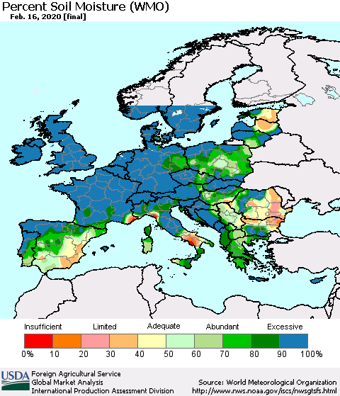 Europe Percent Soil Moisture (WMO) Thematic Map For 2/10/2020 - 2/16/2020