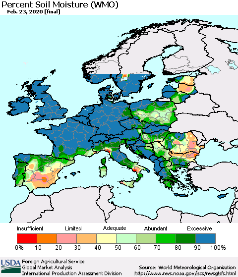 Europe Percent Soil Moisture (WMO) Thematic Map For 2/17/2020 - 2/23/2020