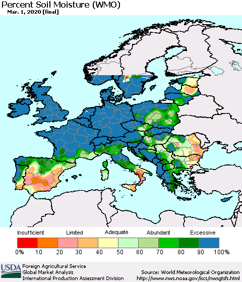Europe Percent Soil Moisture (WMO) Thematic Map For 2/24/2020 - 3/1/2020