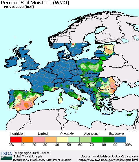 Europe Percent Soil Moisture (WMO) Thematic Map For 3/2/2020 - 3/8/2020