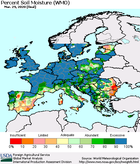 Europe Percent Soil Moisture (WMO) Thematic Map For 3/23/2020 - 3/29/2020