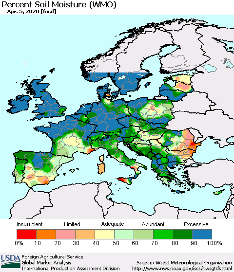 Europe Percent Soil Moisture (WMO) Thematic Map For 3/30/2020 - 4/5/2020