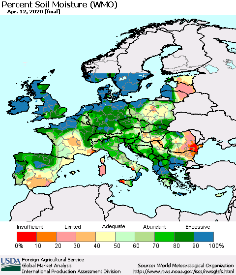 Europe Percent Soil Moisture (WMO) Thematic Map For 4/6/2020 - 4/12/2020