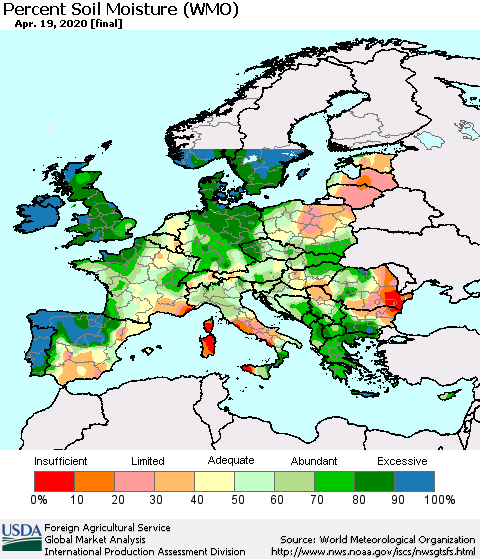 Europe Percent Soil Moisture (WMO) Thematic Map For 4/13/2020 - 4/19/2020