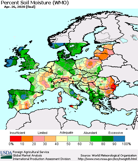 Europe Percent Soil Moisture (WMO) Thematic Map For 4/20/2020 - 4/26/2020