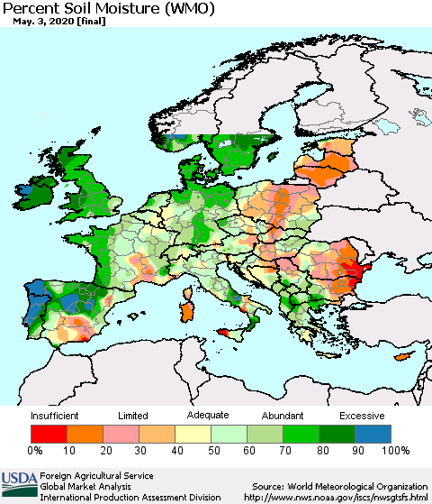 Europe Percent Soil Moisture (WMO) Thematic Map For 4/27/2020 - 5/3/2020