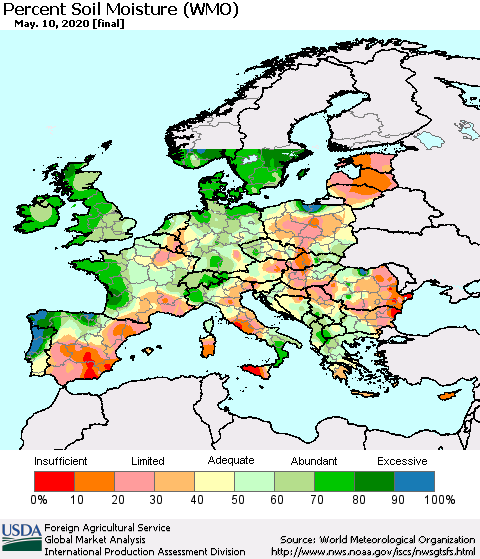 Europe Percent Soil Moisture (WMO) Thematic Map For 5/4/2020 - 5/10/2020