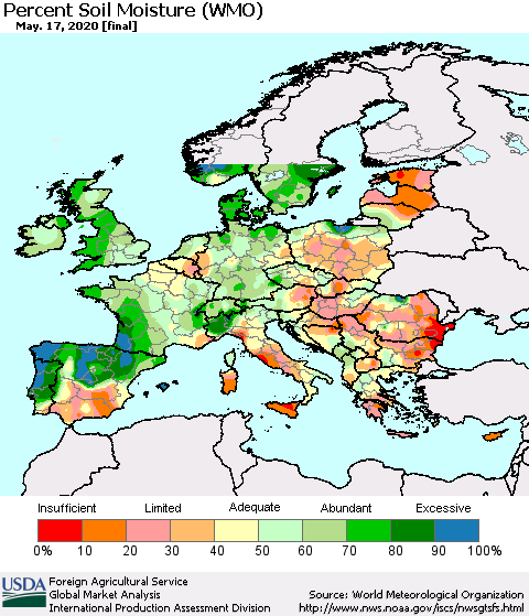 Europe Percent Soil Moisture (WMO) Thematic Map For 5/11/2020 - 5/17/2020