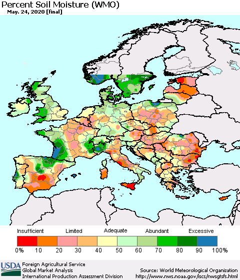 Europe Percent Soil Moisture (WMO) Thematic Map For 5/18/2020 - 5/24/2020