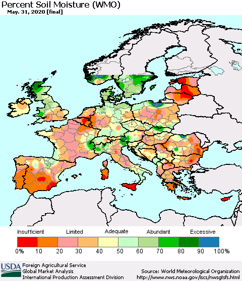 Europe Percent Soil Moisture (WMO) Thematic Map For 5/25/2020 - 5/31/2020
