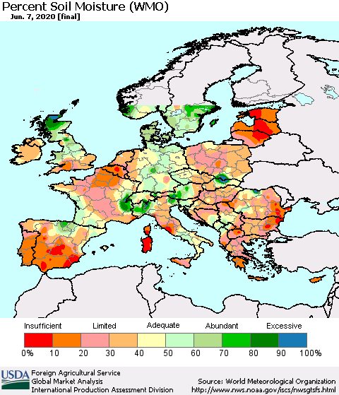 Europe Percent Soil Moisture (WMO) Thematic Map For 6/1/2020 - 6/7/2020