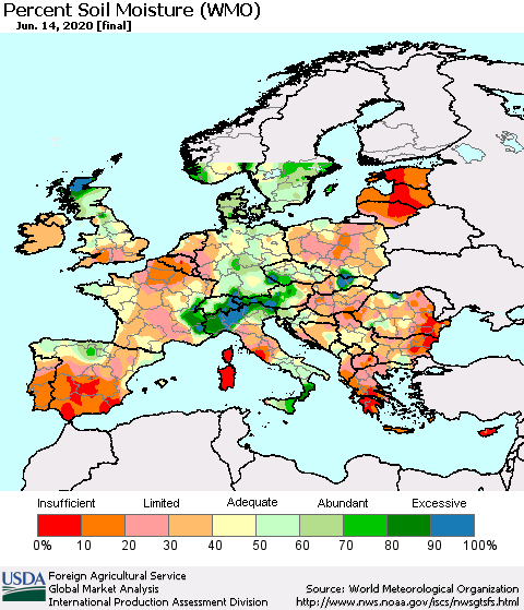 Europe Percent Soil Moisture (WMO) Thematic Map For 6/8/2020 - 6/14/2020