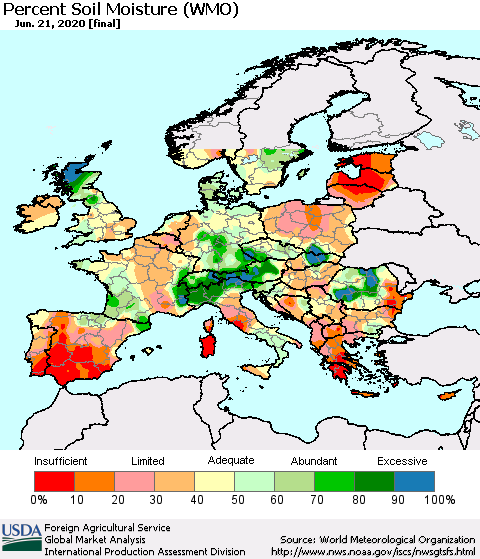 Europe Percent Soil Moisture (WMO) Thematic Map For 6/15/2020 - 6/21/2020