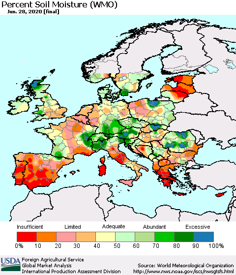 Europe Percent Soil Moisture (WMO) Thematic Map For 6/22/2020 - 6/28/2020