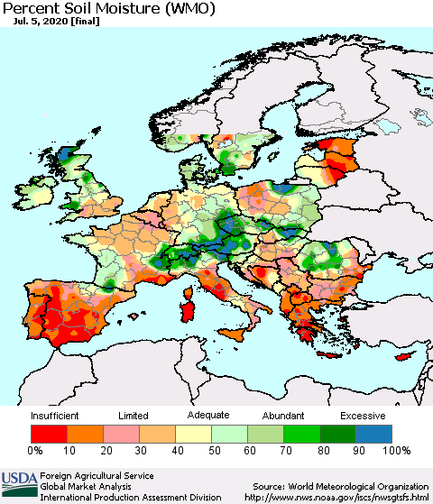 Europe Percent Soil Moisture (WMO) Thematic Map For 6/29/2020 - 7/5/2020