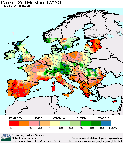 Europe Percent Soil Moisture (WMO) Thematic Map For 7/6/2020 - 7/12/2020